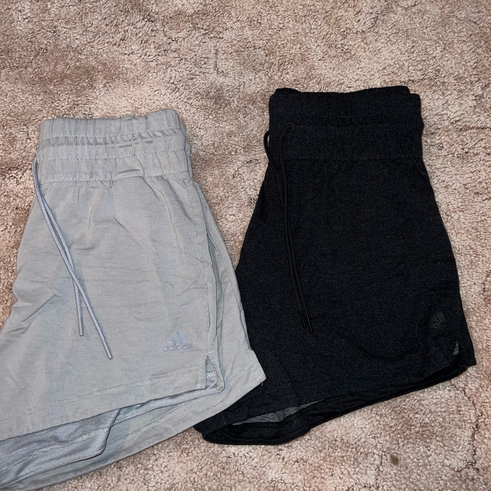 Pair of two adidas light & dark gray high waisted women’s shorts size medium